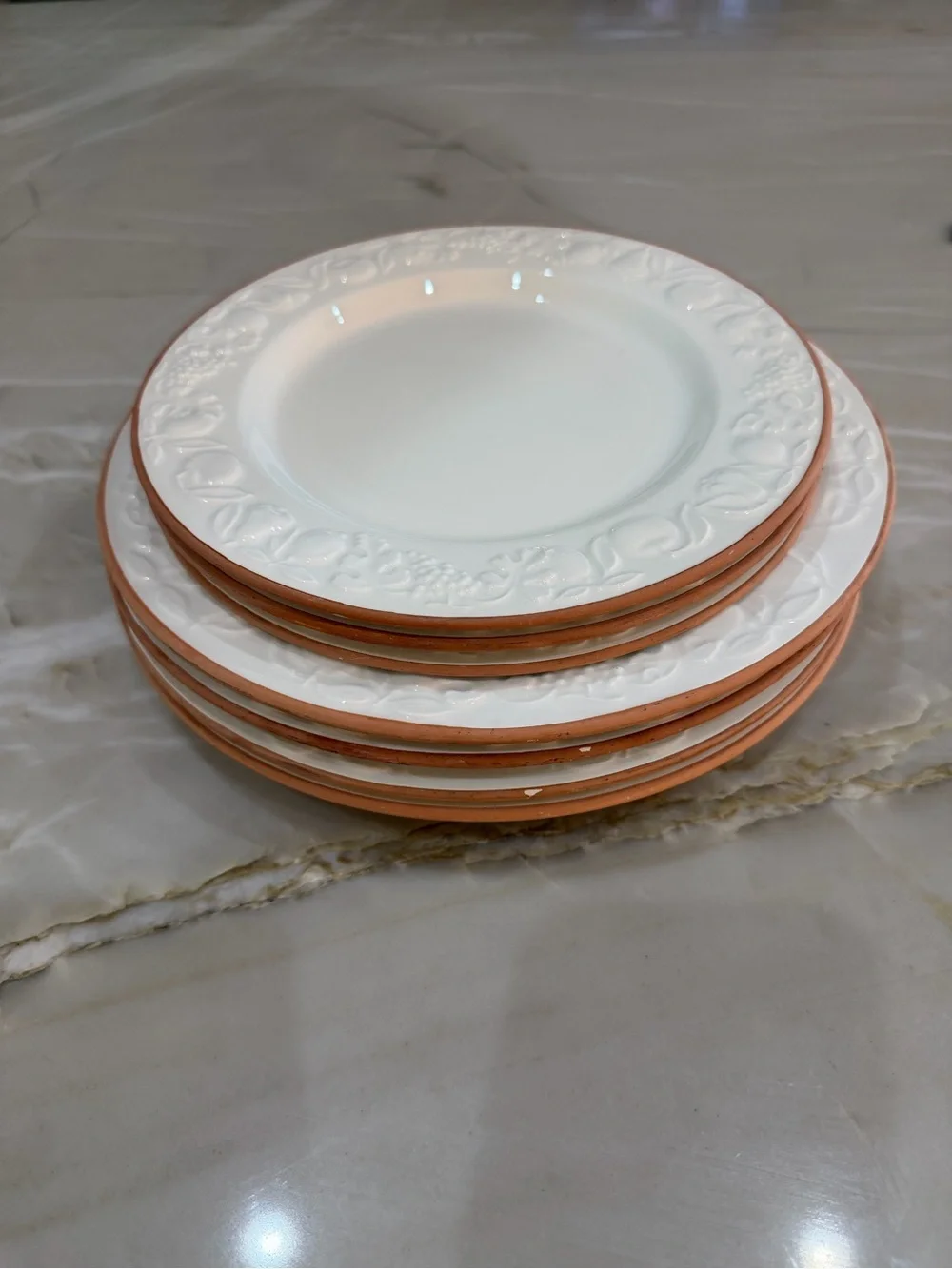 Pier 1 Italian pottery Terra Cotta Edge & embossed Fruit Design 4 Dinner 3 Salad